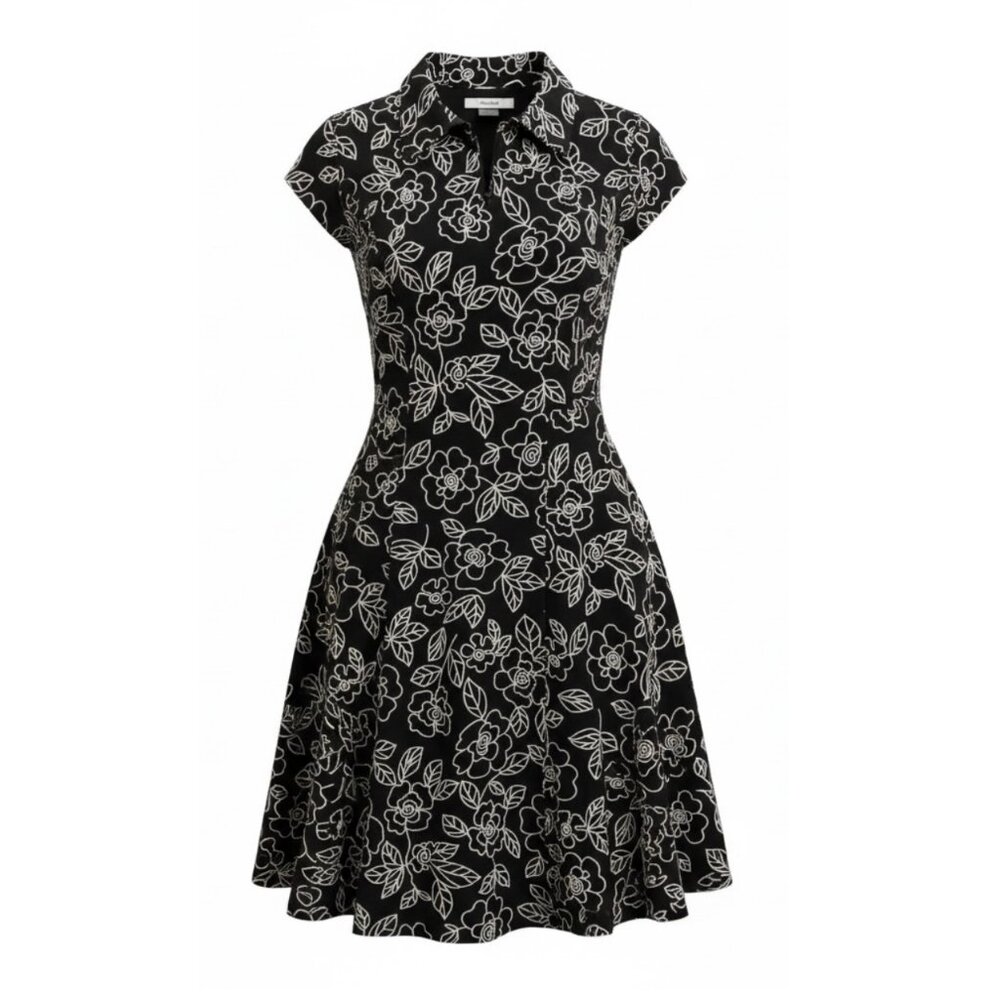 TANJAY DRESS BLACK WITH FLORA EMBOSSED SWING, 12, BUSINESS CASUAL, LIGHTWEIGHT